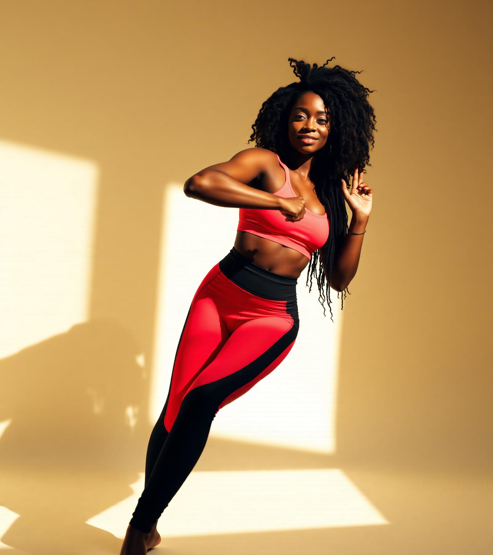 Woman in coral and black Safaa Fitbelle activewear stretching in warm sunlight
